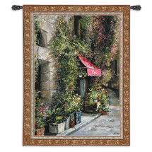 St. Moritz Cafe by Roger Duvall | Woven Tapestry Wall Art Hanging | Vintage Swiss Coffee Shop Storefront | 100% Cotton USA Size 73x53 Wall Tapestry