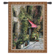 St. Moritz Cafe by Roger Duvall | Woven Tapestry Wall Art Hanging | Vintage Swiss Coffee Shop Storefront | 100% Cotton USA Size 53x40 Wall Tapestry