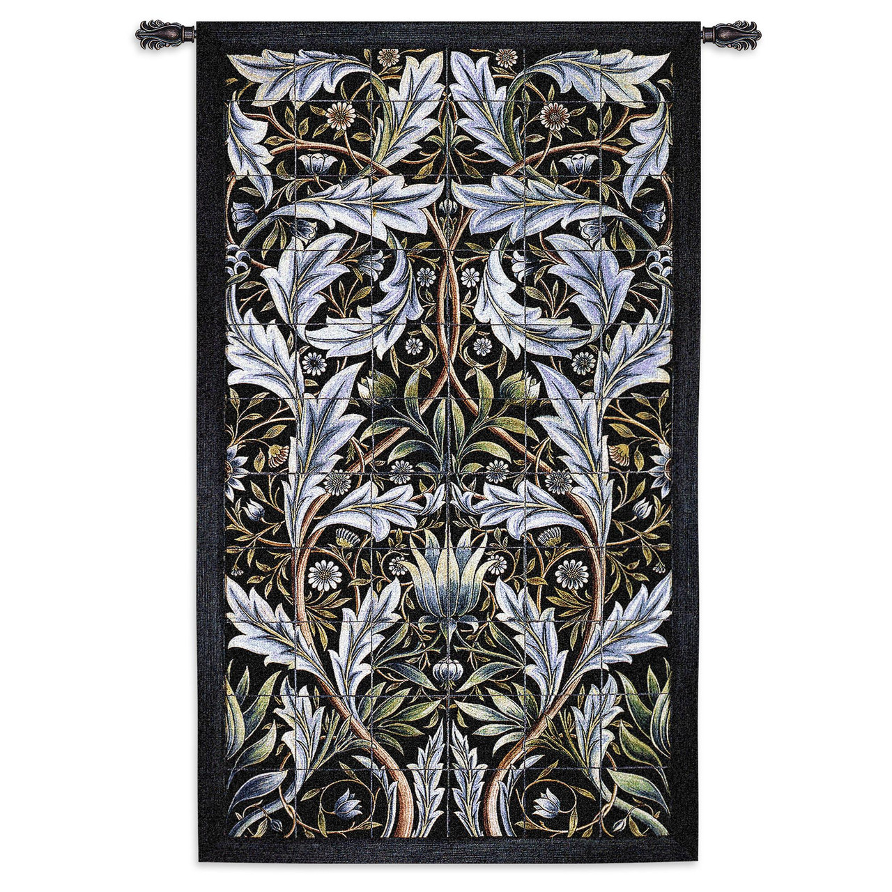 Panel of Tiles by William Morris Woven Tapestry Wall Art Hanging Powder  Blue and Dark Green Filigree Pattern 100% Cotton USA Size 82x53