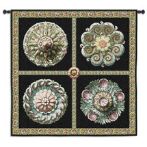 Rosettes on Black | Woven Tapestry Wall Art Hanging | Ornate Old World Floral Medallion Panels | 100% Cotton USA Size 53x53 Wall Tapestry