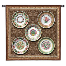 Spring Porcelain | Woven Tapestry Wall Art Hanging | Decorative Floral China Plates with Ornate Border | 100% Cotton USA Size 53x53 Wall Tapestry