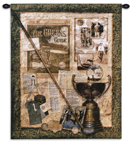 Fore I | Woven Tapestry Wall Art Hanging | Club over Vintage Historic Golfing Collage | 100% Cotton USA Size 32x27 Wall Tapestry