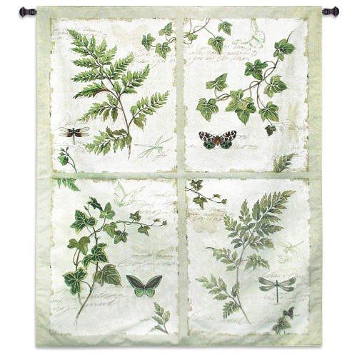Ivies and Ferns by Lisa Audit | Woven Tapestry Wall Art Hanging | Contemporary Fern and Insects on Cursive Parchment Panel Artwork | 100% Cotton USA Size 63.5x52 Wall Tapestry