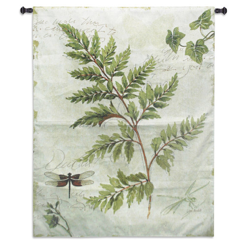 Ivies and Ferns I by Lisa Audit | Woven Tapestry Wall Art Hanging | Contemporary Fern and Dragonflies on Cursive Parchment | 100% Cotton USA Size 52x40.5 Wall Tapestry