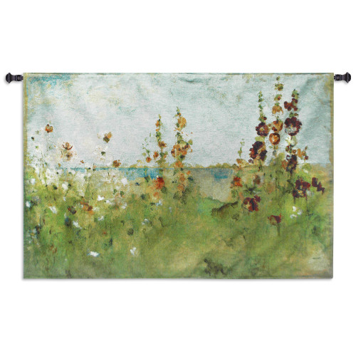 Hollyhocks by the Sea by Cheri Blum | Woven Tapestry Wall Art Hanging | Elegant Impressionist Blooming Coastal Flowers | 100% Cotton USA Size 52x34 Wall Tapestry