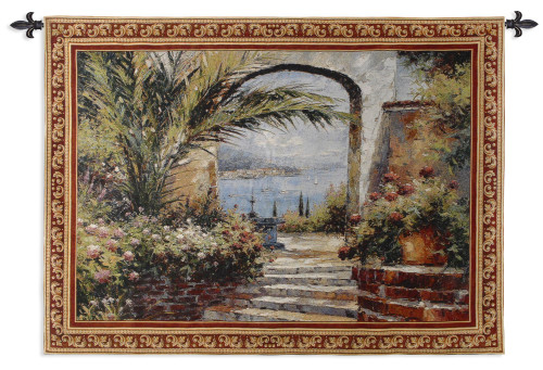 Rose Arch | Woven Tapestry Wall Art Hanging | Stunning Seaside View through Lush Floral Courtyard | 100% Cotton USA Size 53x38 Wall Tapestry