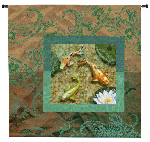 Flirtation II | Woven Tapestry Wall Art Hanging | Serene Koi Pond with Lily Pads | 100% Cotton USA Size 53x53 Wall Tapestry