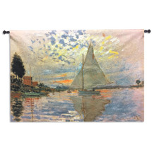 Sailboat at Le Petit-Gennevilliers by Claude Monet | Woven Tapestry Wall Art Hanging | Serene Sunset Harbor Impressionist Masterpiece | 100% Cotton USA Size 63x45 Wall Tapestry
