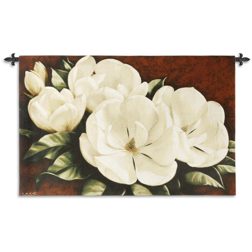 Magnolia Crimson Cotton by Igor Levashov | Woven Tapestry Wall Art Hanging | White Magnolias with Warm Red Background | 100% Cotton USA Size 53x33 Wall Tapestry