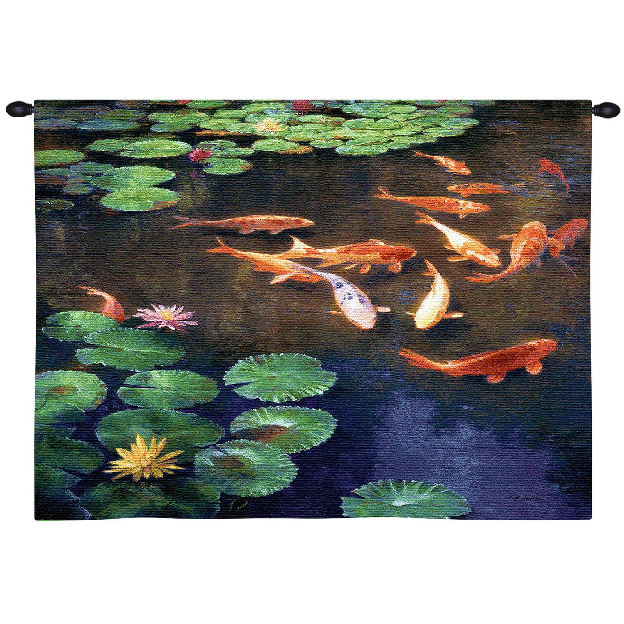 Inclinations by Curt Walters, Woven Tapestry Wall Art Hanging, Tranquil  Koi Fish in Water Lily Pond