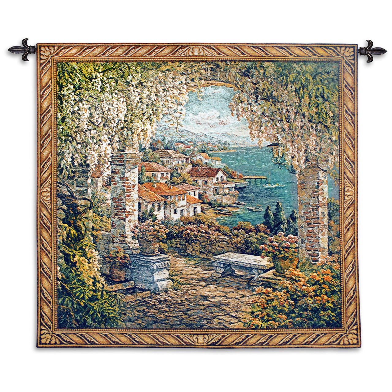 Seaview Hideaway by Yurie Lee Woven Tapestry Wall Art Hanging  Mediterranean Garden Seaside View 100% Cotton USA Size 53x53