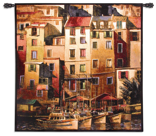 Mediterranean Gold by Michelle O'Toole | Woven Tapestry Wall Art Hanging | Sunset Seaside Harbor with Sailboats | 100% Cotton USA Size 53x53 Wall Tapestry