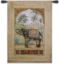 Old World Elephant II Trunk Up by Debra Swartzendruber | Woven Tapestry Wall Art Hanging | Regal Indian Elephant among Palms | 100% Cotton USA Size 52x36