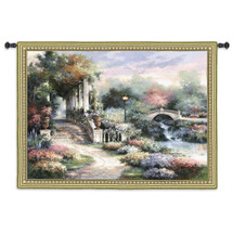 Classic Garden Retreat by James Lee | Woven Tapestry Wall Art Hanging | Scenic Flower Garden on Shimmering River Landscape | 100% Cotton USA Size 53x42 Wall Tapestry