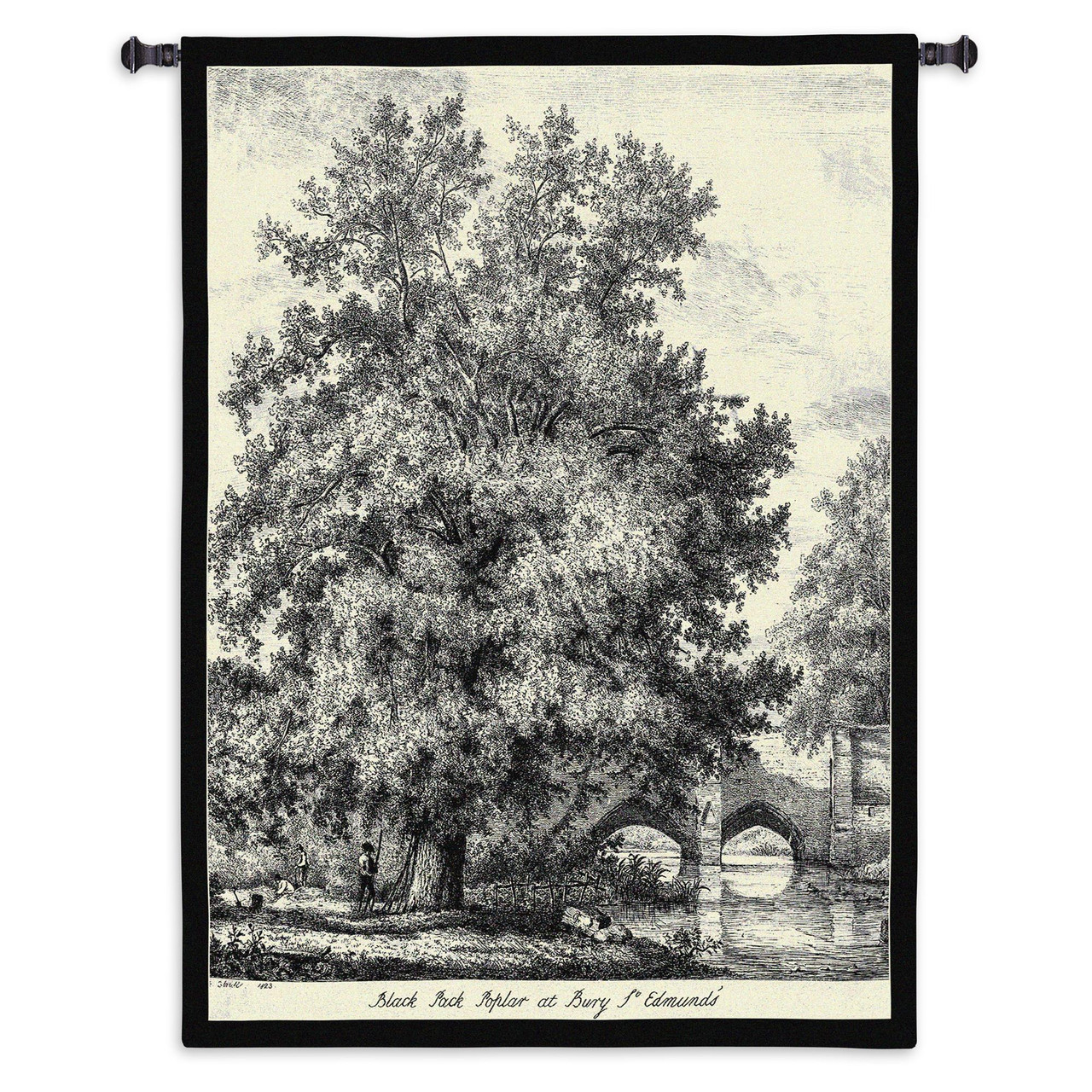 Black Poplar by Jacob George Strutt Woven Tapestry Wall Art Hanging  Elaborate Black and White Tree at River Bridge 100% Cotton USA Size 53x40