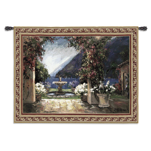 Seaside Fountain by Allayn Stevens | Woven Tapestry Wall Art Hanging | Lush Coastal View Through Archway and Fountain | 100% Cotton USA Size 80x53 Wall Tapestry