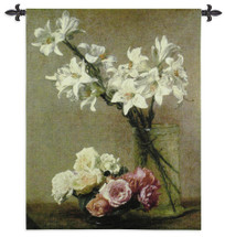 Roses And Lilies | Woven Tapestry Wall Art Hanging | White Lilies in Glass Vase with Roses Still Life | 100% Cotton USA Size 53x41 Wall Tapestry