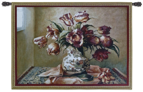 Tulips in Oriental Vase | Woven Tapestry Wall Art Hanging | Softly Lit Floral Bouquet Still Life | 100% Cotton USA Size 53x36 Wall Tapestry