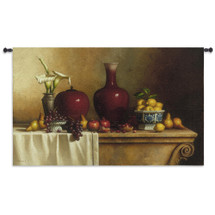 Oriental Still Life with Lilies by Loran Speck | Woven Tapestry Wall Art Hanging | Exquisite Vases and Fruit on Table | 100% Cotton USA Size 84x53 Wall Tapestry