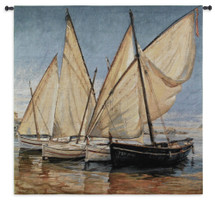 White Sails II by Jaume Laporta | Woven Tapestry Wall Art Hanging | Sailboats on Seascape Harbor Nautical Artwork | 100% Cotton USA Size 52x52 Wall Tapestry