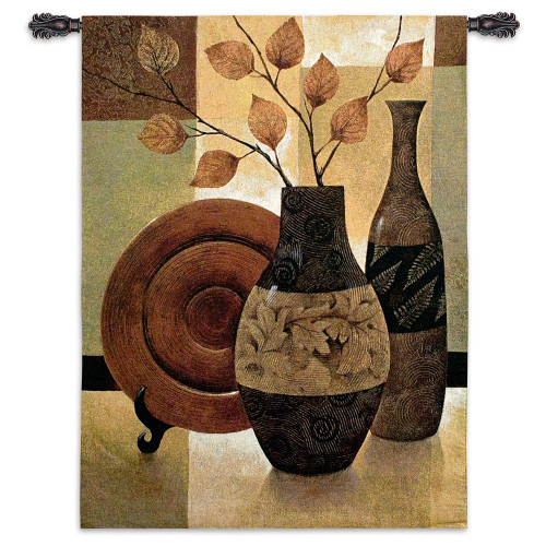Nature's Patchwork I by Keith Mallett | Woven Tapestry Wall Art Hanging | Contemporary Large Vases Still Life on Geometric Background | 100% Cotton USA Size 53x40 Wall Tapestry