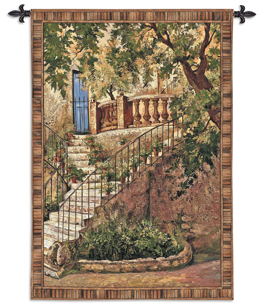 Tuscan Villa I by Roger Duvall Woven Tapestry Wall Art Hanging Rustic  Italian Steps with Foliage 100% Cotton USA Size 70x53