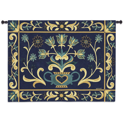 Heritage Floral Blue Yel | Woven Tapestry Wall Art Hanging | Vintage Germanic Ornamental Floral Vase Pattern | 100% Cotton USA Size 53x40 Wall Tapestry