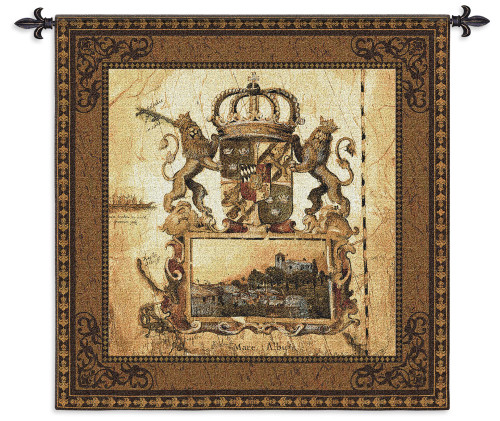Terra Nova I by Liz Jardine | Woven Tapestry Wall Art Hanging | Old World Crest with Lions and Crown | 100% Cotton USA Size 44x44 Wall Tapestry