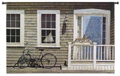 Old Friend | Woven Tapestry Wall Art Hanging | Bicycle Parked on Peaceful Cottage Porch | 100% Cotton USA Size 53x35 Wall Tapestry