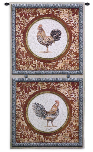 Plumage I | Woven Tapestry Wall Art Hanging | Roosters in Floral Panels Collector’s Artwork | 100% Cotton USA Size 52x26 Wall Tapestry