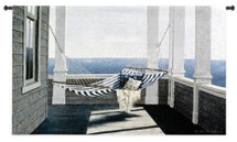 Striped Hammock by Zhen-Huan Lu | Woven Tapestry Wall Art Hanging | Peaceful Seaside Afternoon Porch with Hammock | 100% Cotton USA Size 53x32 Wall Tapestry