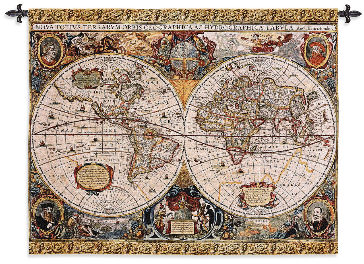 Antique Old World Map Geographica by Jan Janssonius  Woven Tapestry Wall  Art Hanging  Beautiful Rustic Globe with Luxurious Mythology Designs   100% 