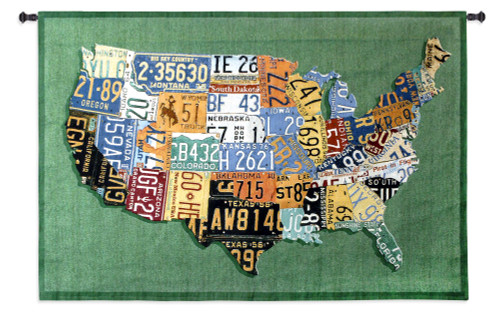 USA Tags by Aaron Foster | Woven Tapestry Wall Art Hanging | Vintage License Plate USA Map | 100% Cotton USA Size 53x38 Wall Tapestry