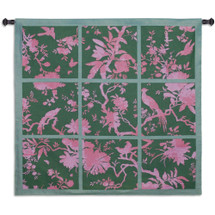 Floral Division Sage and Pink | Woven Tapestry Wall Art Hanging | Silhouetted Tropical Birds and Plants Panel Artwork | 100% Cotton USA Size 44x41 Wall Tapestry