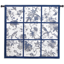 Floral Division Blue and Oyster | Woven Tapestry Wall Art Hanging | Silhouetted Tropical Birds and Plants Panel Artwork | 100% Cotton USA Size 44x41 Wall Tapestry