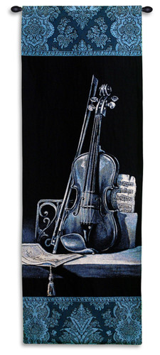Minuet I by Keith Mallett | Woven Tapestry Wall Art Hanging | Deep Blue Violin with Sheet Music | 100% Cotton USA Size 52x18 Wall Tapestry