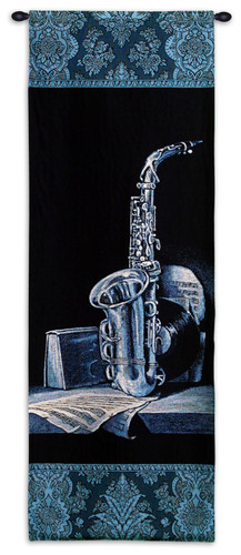 Minuet II by Keith Mallett | Woven Tapestry Wall Art Hanging | Deep Blue Saxophone with Sheet Music | 100% Cotton USA Size 52x18 Wall Tapestry