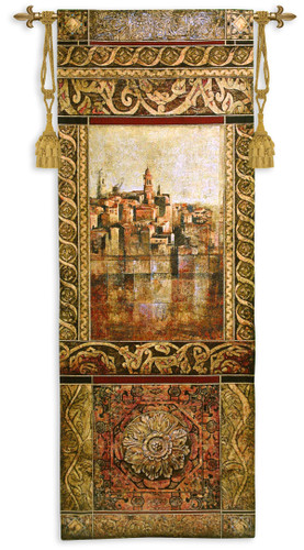 New Enchantment I by John Douglas | Woven Tapestry Wall Art Hanging | Rich Elaborate Mediterranean Seascape Villa | 100% Cotton USA Size 69x25 Wall Tapestry