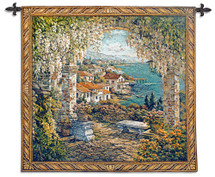 Seaview Hideaway by Yurie Lee | Woven Tapestry Wall Art Hanging | Mediterranean Garden Seaside View | 100% Cotton USA Size 31x31 Wall Tapestry