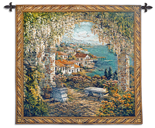 Seaview Hideaway by Yurie Lee | Woven Tapestry Wall Art Hanging | Mediterranean Garden Seaside View | 100% Cotton USA Size 31x31 Wall Tapestry
