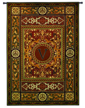 Monogram Medallion V | Woven Tapestry Wall Art Hanging | Ornate Symmetric Mosaic Artwork with Decorative Letter “V” | 100% Cotton USA Size 75x53 Wall Tapestry