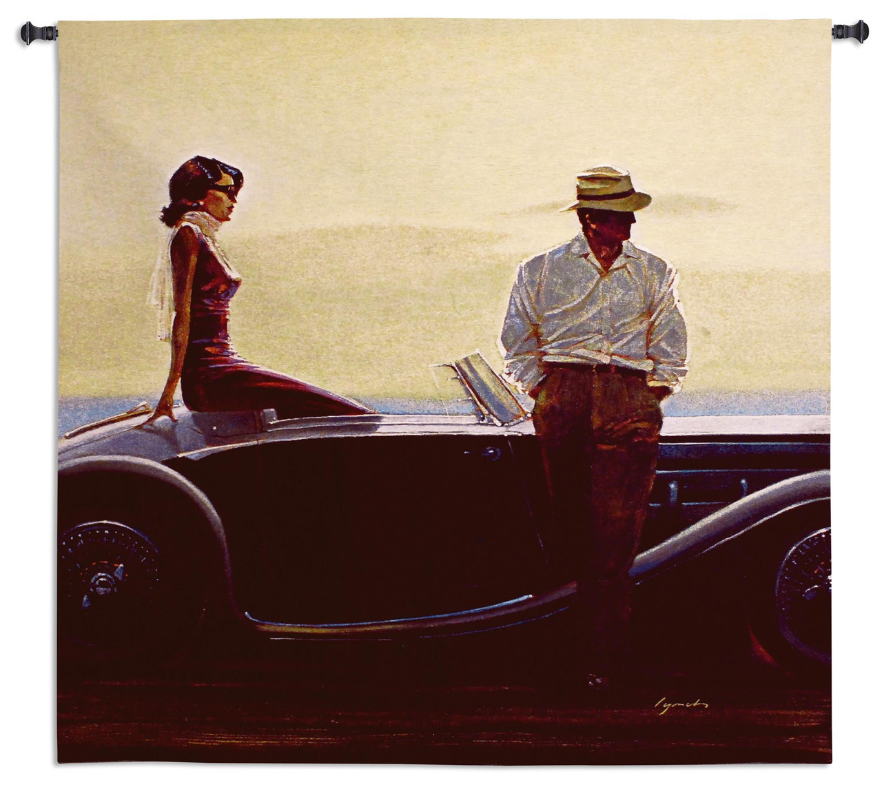 Coastal Drive by Brent Lynch Woven Tapestry Wall Art Hanging Vintage  Romantic Road Trip in Stylish Roadster 100% Cotton USA Size 52x51