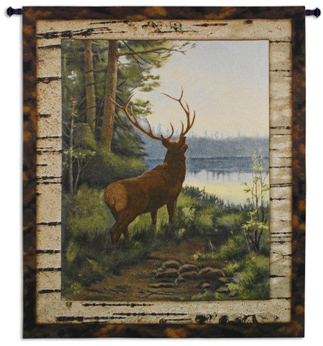Elk by Oliver Kemp | Woven Tapestry Wall Art Hanging | Majestic Elk Forest Lake View Cabin Artwork | 100% Cotton USA Size 64x53 Wall Tapestry