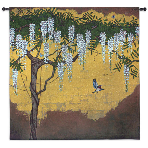 Wisteria with House Finch by Joanna Charlotte | Woven Tapestry Wall Art Hanging | Bird among Tree Branches on Gold Lurex Background | 100% Cotton USA Size 53x53 Wall Tapestry