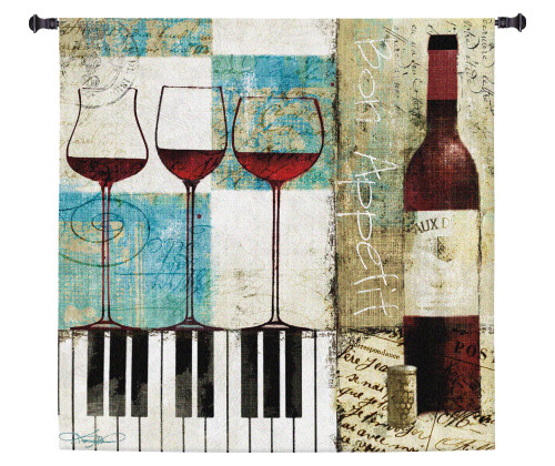 Bon Appetit by Keith Mallett | Woven Tapestry Wall Art Hanging | Wine And Piano Contemporary Collage | 100% Cotton USA Size 50x50 Wall Tapestry