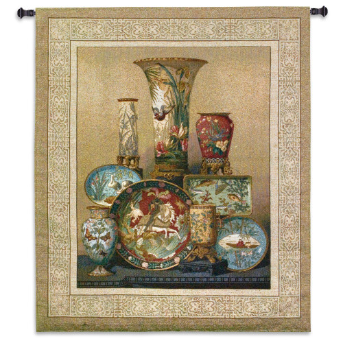 Elkington's Cloisonne | Woven Tapestry Wall Art Hanging | East Asian Themed Fine Cloisonne Dish Ensemble | 100% Cotton USA Size 60x53 Wall Tapestry