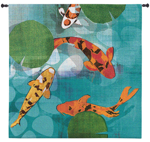 Lucky Koi by Tandi Venter | Woven Tapestry Wall Art Hanging | Colorful Vibrant Koi Pond with Water Lilies | 100% Cotton USA Size 50x50 Wall Tapestry