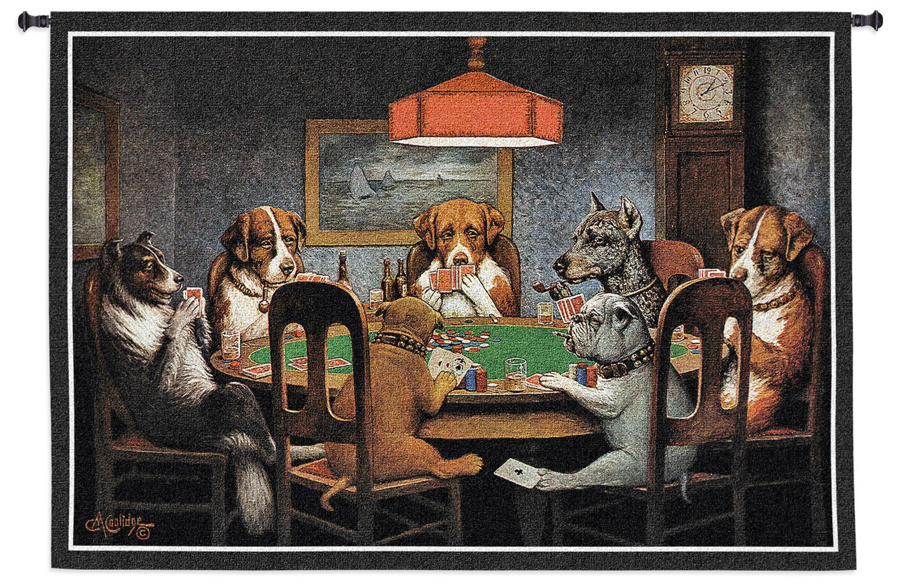Dogs Playing Poker by Cassius Marcellus Coolidge Woven Tapestry Wall Art  Hanging Classic Whimsical Game Room Art 100% Cotton USA Size 54x38