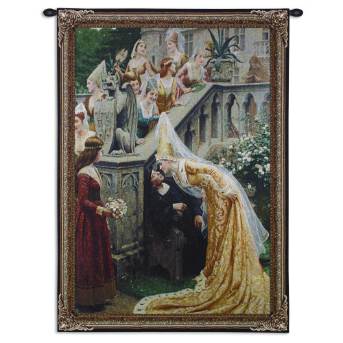 A Kiss by Edmund Blair Leighton | Woven Tapestry Wall Art Hanging | Medieval Scottish Royal Palace Scene | 100% Cotton USA Size 38x31 Wall Tapestry
