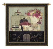 Songbird Bouquet by Kathryn White | Woven Tapestry Wall Art Hanging | Floral Table with Books and Birdcage Still Life | 100% Cotton USA Size 53x53 Wall Tapestry